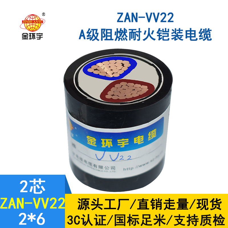 金环宇电缆 ZAN-VV22-2*6平方 a类阻燃耐火两芯铠装电力电缆