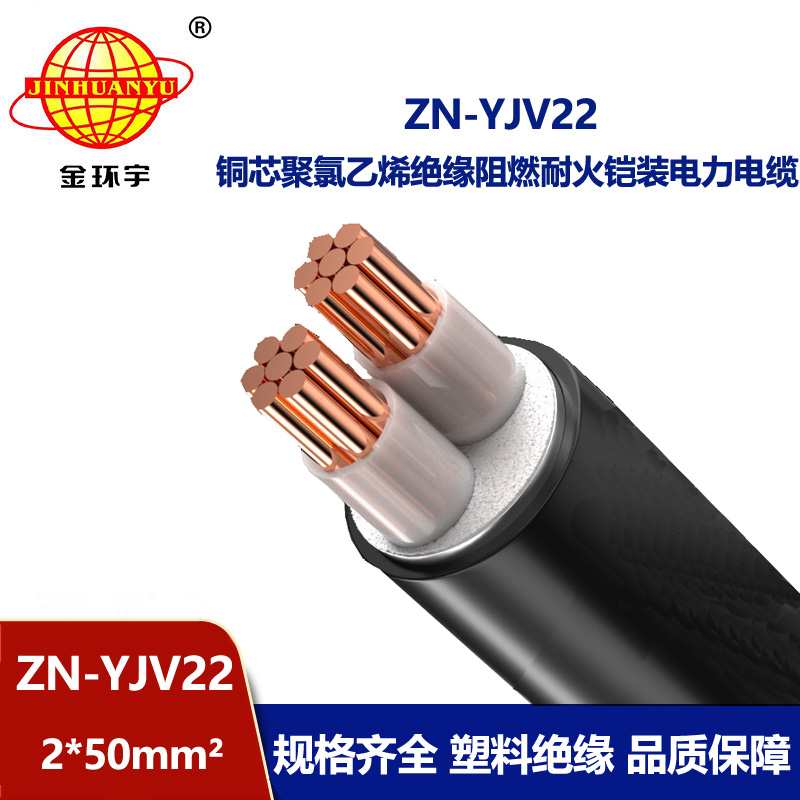 金环宇电缆 2芯电缆钢带铠装ZN-YJV22-2X50平方 阻燃耐火电缆